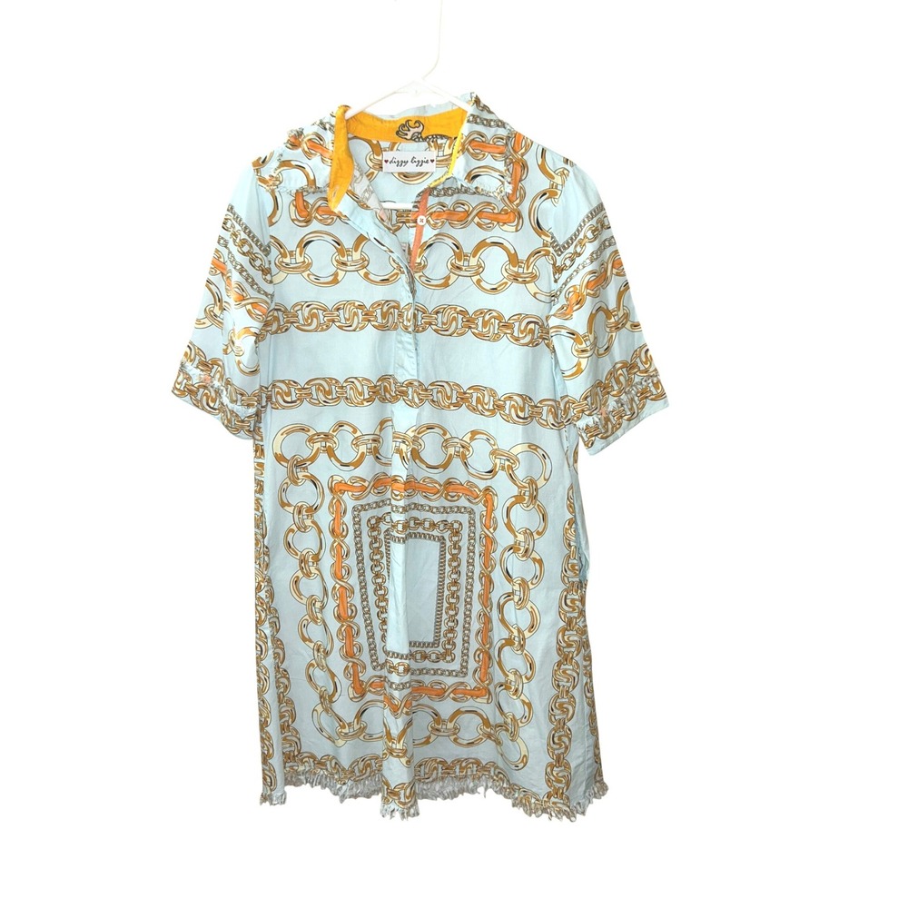 Dizzy Lizzie Blue 100% Cotton Popover Shirt Dress Pockets XS